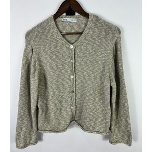 Zara Cardigan Sweater Womens Large Green Brown Button Up Earthy Granola Cottage